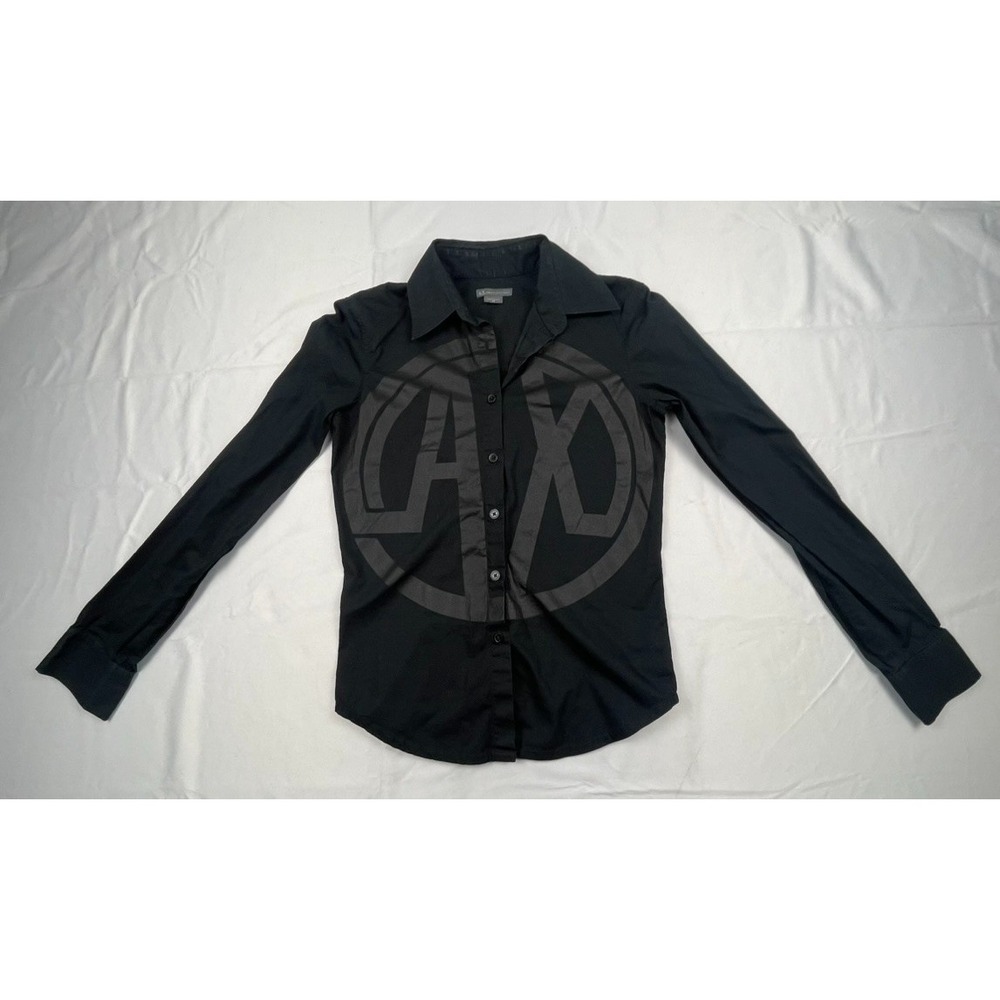 ARMANI EXCHANGE AJX BLACK LOGO BUTTON FRONT SHIRT WOMENS XS LONG SLEEVE COTTON